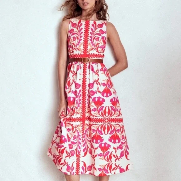 Boden Lauren Cotton Midi Dress Poppy Red Elaborate Flora 6 R NWT - Picture 3 of 14